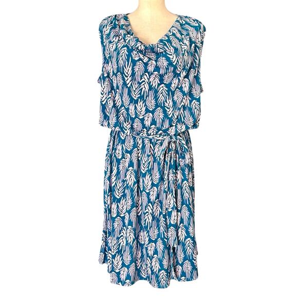 Leota NWT Plus Size Blue Feather Cottage Size Dress Cowl Neck Belted Midi 16 18 - Picture 1 of 4
